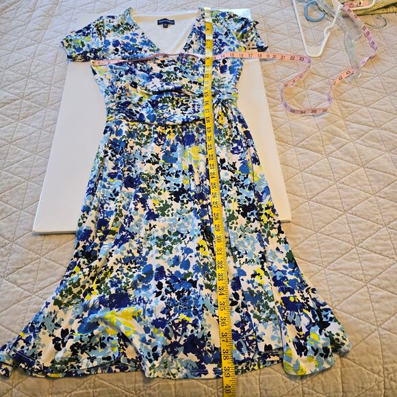 Travelsmith Dress Women's XS Blue Yellow Floral Faux Wrap Twist Waist Romantic - Picture 7 of 9